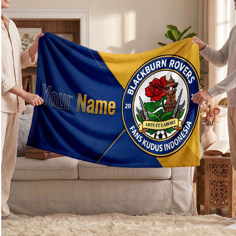 Blackburn Rovers FC Personalized Fleece Blanket With Football Logo, Custom Name Text Soft Warm Home Throw Blanket