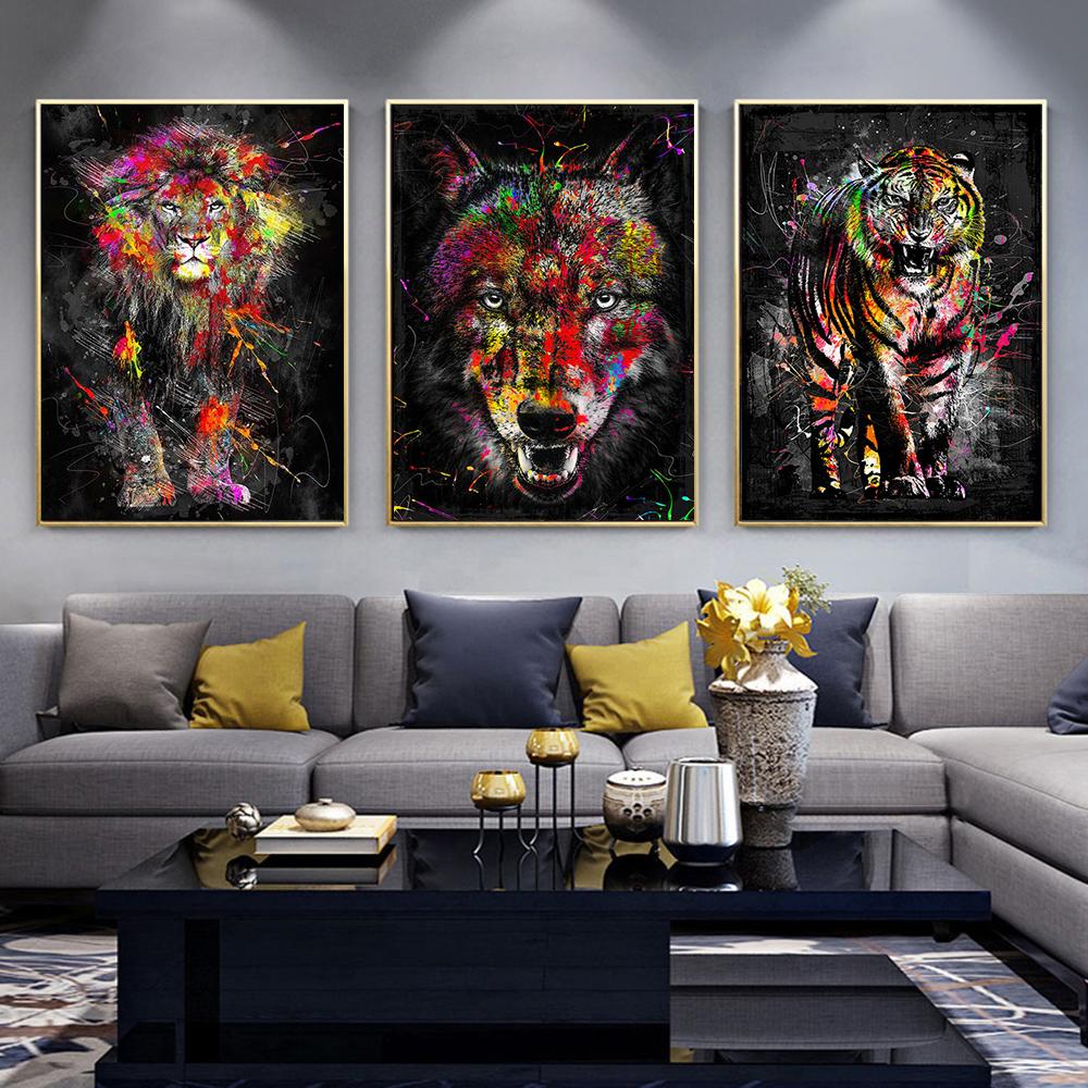 Abstract Colorful Animals Lions Oil Paintings On Canvas  Modern Posters and Prints Wall Art Pictures for Living Room Home Decor