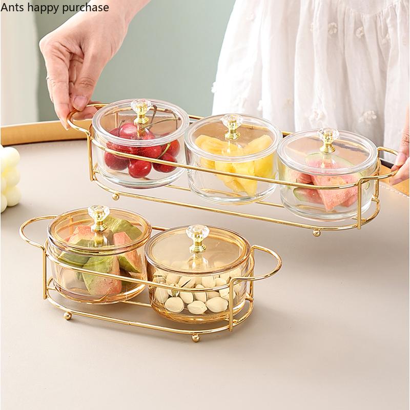Wrought Iron Glass Fruit Plate with Plastic Cover Snack Tray Dried Fruit Plates Snacks Platter Fruit Fork Storage Jar Salad Bowl