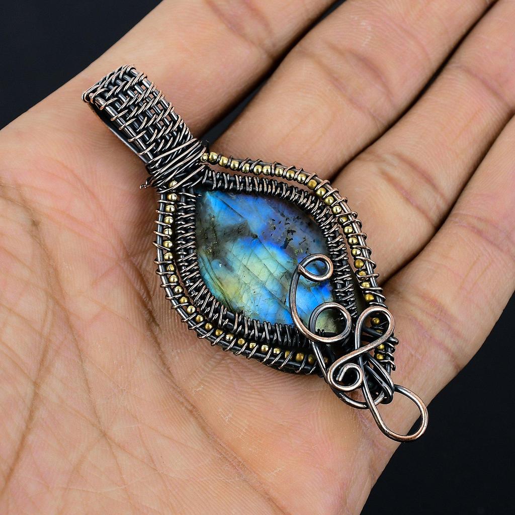 Labradorite Pendant, Handmade Gemstone 999 Copper Wire Wrapped Pendant Antique Jewelry, For Gift Silver Jewelry