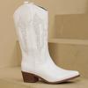 Pointed Solid Color Women's Mid Top Boots, Mid Heel Boots Embroidered Western Cowboy Boots