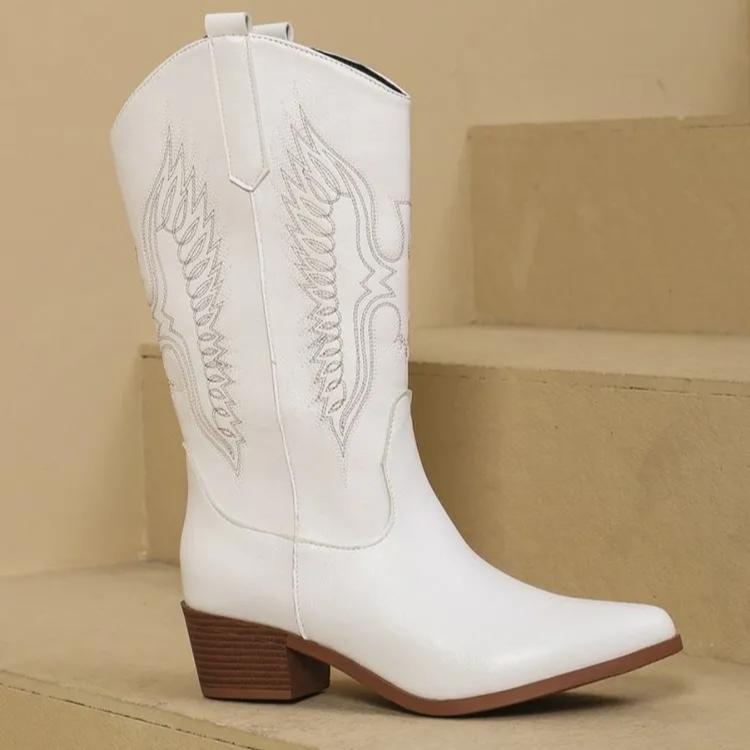 Pointed Solid Color Women's Mid Top Boots, Mid Heel Boots Embroidered Western Cowboy Boots