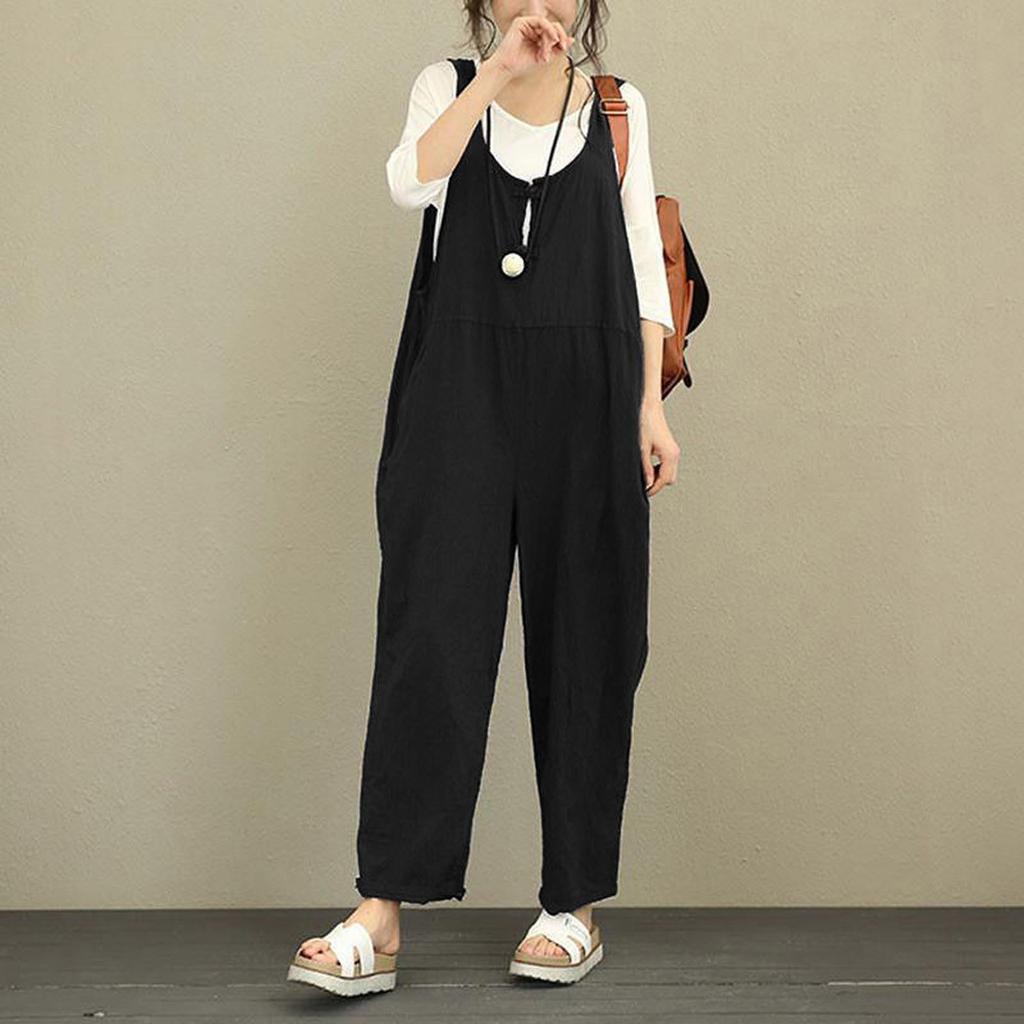 Women Fashion Sleeveless Dungarees Loose Cotton Long Playsuit Jumpsuit Pants