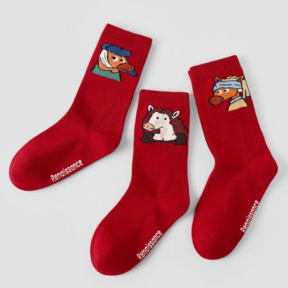 3Pairs Winter Autumn New Year Tube Socks Cartoon Red Cotton Socks Cute Year of The Horse Socks  Gift