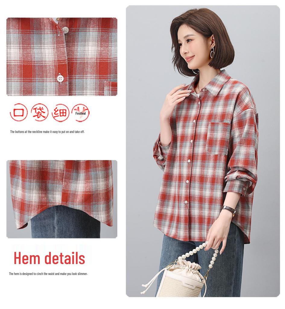 Women's Long Sleeve Pure Cotton Plaid Shirt - 2024 Autumn Mother's Blouse, Perfect for Spring and Autumn.