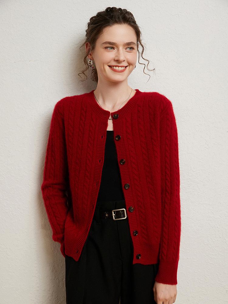 Women's Seven-Stitch Cable Knit Cashmere Cardigan - Long Sleeve, Loose Fit, Slimming, Warm, Round Neck, Single-Breasted