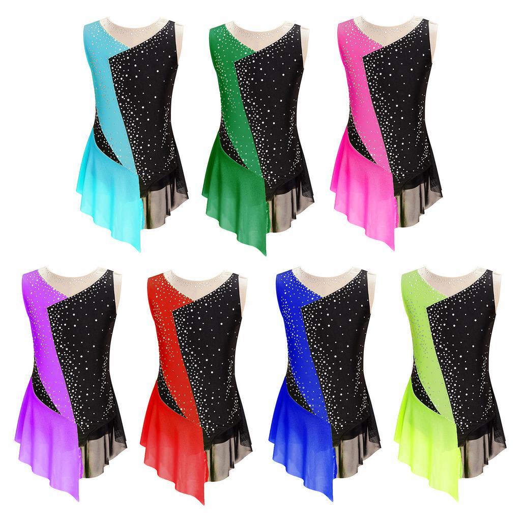 Kids Girls Sleeveless Figure Ice Skating Dress Artistic Gymnastics Leotard Competition Costume Dancewear
