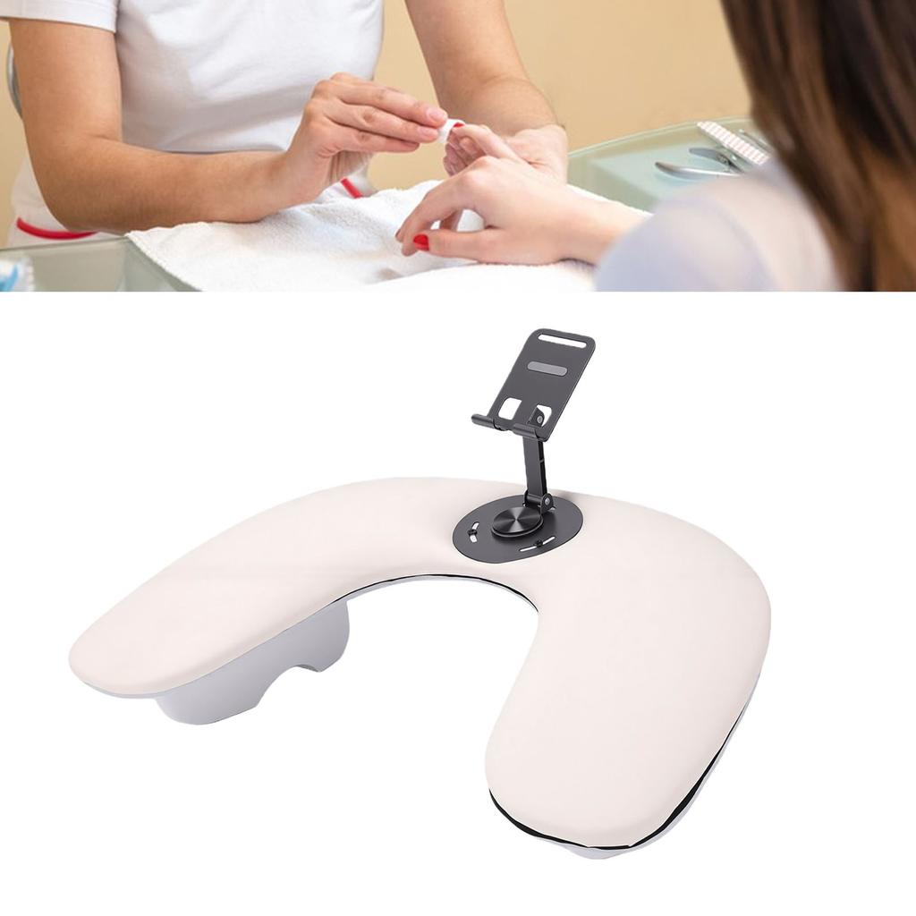 Nail Arm Rest for Nail Tech with Phone Holder U Shaped Manicure Hand Rest Tilted for Salon Home Use White