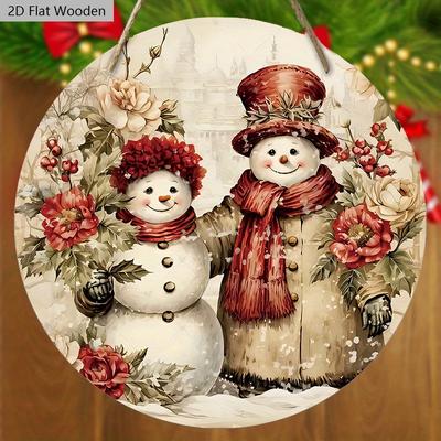 Vintage dřevěný vánoční nápis se sněhulákem - Kulatý nápis Navidad pro vchodové dveře, zeď, dekorace na zavěšení do místnosti - Ideální pamětní dárky pro rodinu