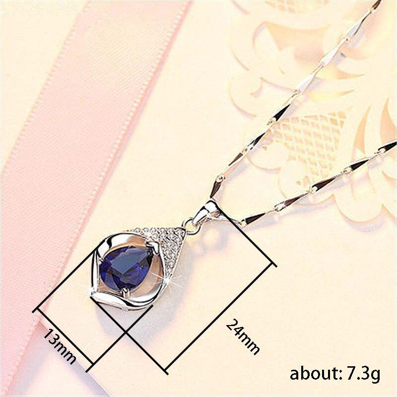 Silver Plated Teardrop Blue CZ Pendant Necklace, Elegant Geometric Openwork Crystal Necklace for Women