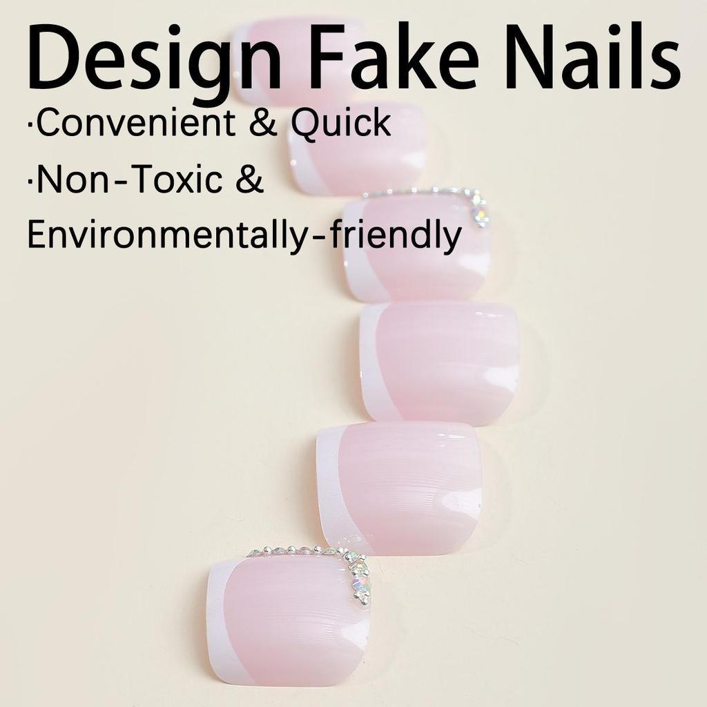 Removable Wearable Short Toenails: White French Edge with Rhinestones Fake Nail Stickers