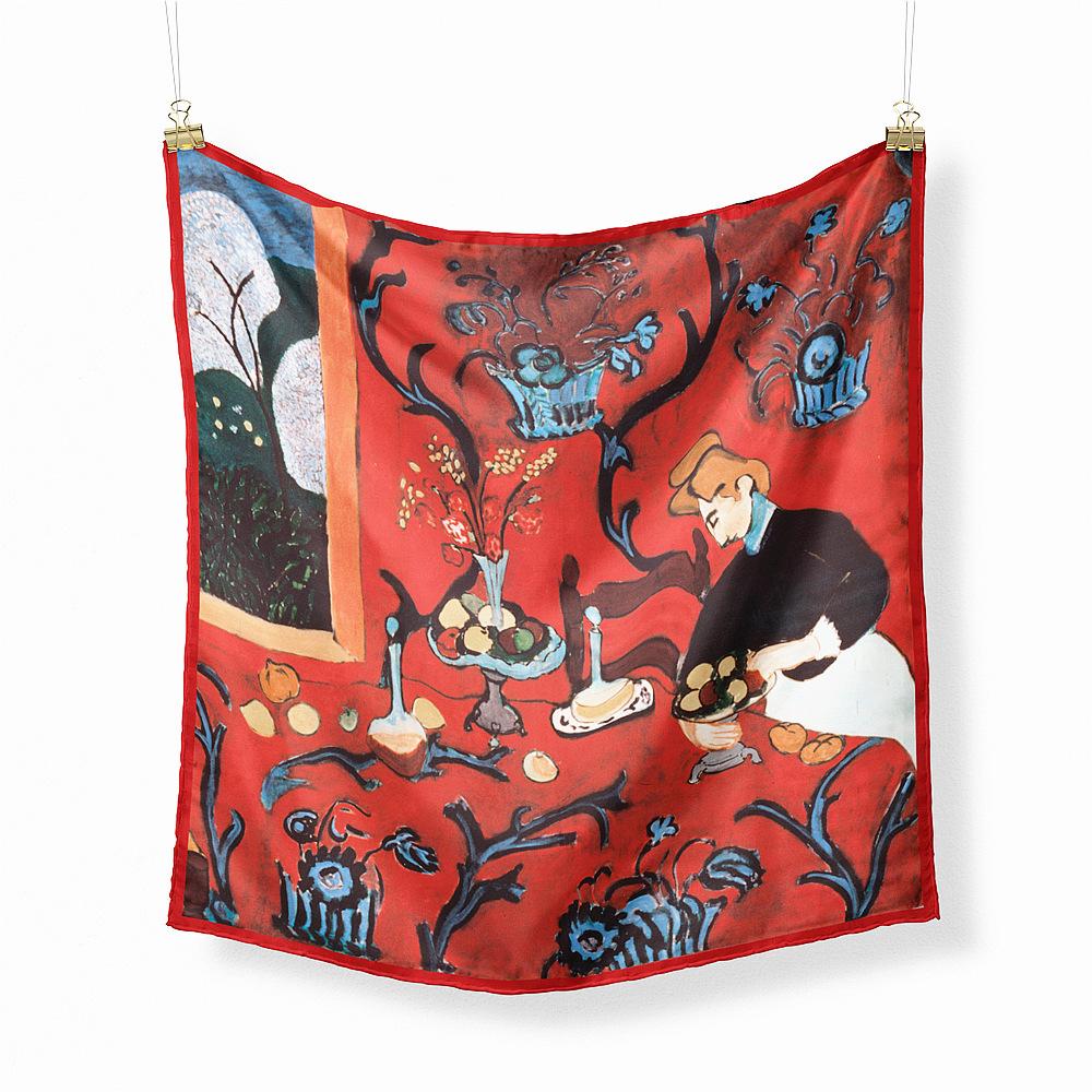 Famous Oil Painting Twill 100% Silk Scarf Fashion Bandana Women Scarf Wraps 53cm Square Scarves Hijab Head Scarf Neckerchief
