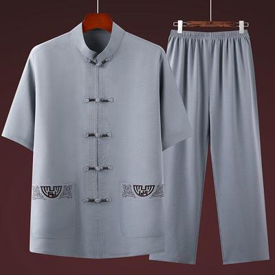 Herren Sommer Chinesischer Stil Kurzarm Tang Anzug Set - Baumwolle & Leinen Lässig Tai Chi Outfit für Mittleres Alter & Ältere