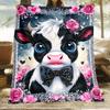Cute Cow with Bow Tie Pink Roses Floral Blanket Kawaii Animal Blanket Soft Plush Blanket for Girls Bedroom Decor Gift Idea