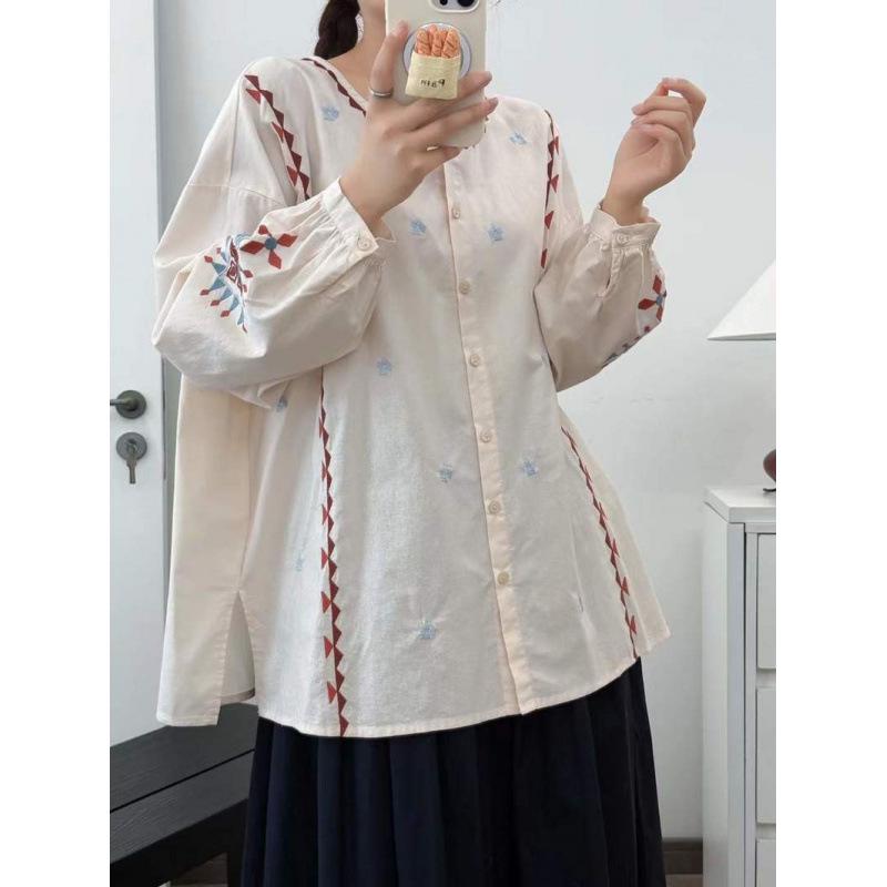 2025 Spring Retro Ethnic Embroidered Stand Collar Oversized Women's Cardigan Long Sleeve Shirt