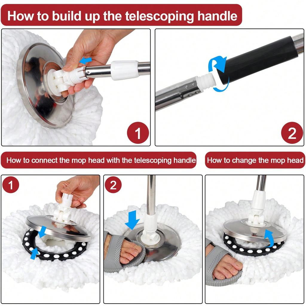 Spin Mop And Bucket With Wringer Set With 3 Microfiber Mop Replacement Heads And 61" Stainless Steel Adjustable Handle For Floor