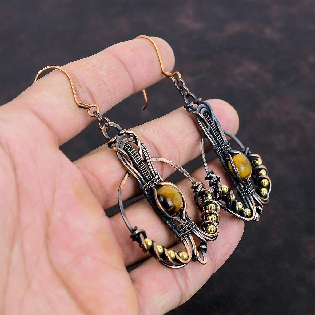 Tiger's Eye Earring Copper Wire Wrapped Earrings Gemstone Jewelry Dangle Drop Earrings Handmade Copper Jewelry Gift For Mom Designer Earring