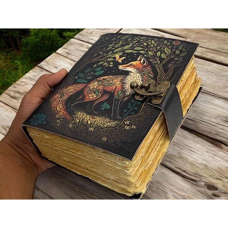Fox vintage handmade leather journal grimoire fat journal notebook