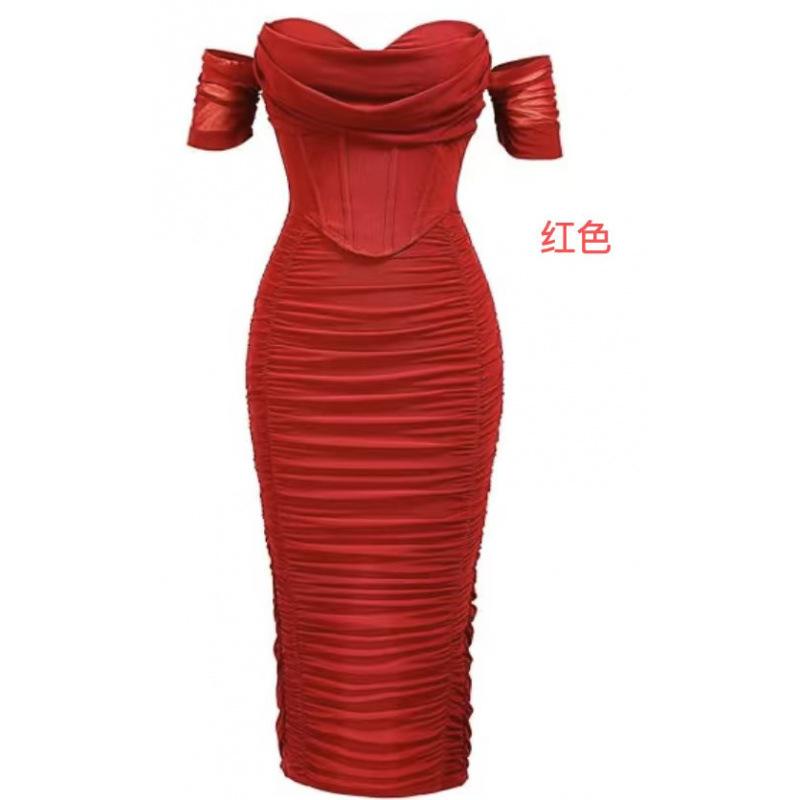 Spot new off-shoulder corset pleated medium and long dress
