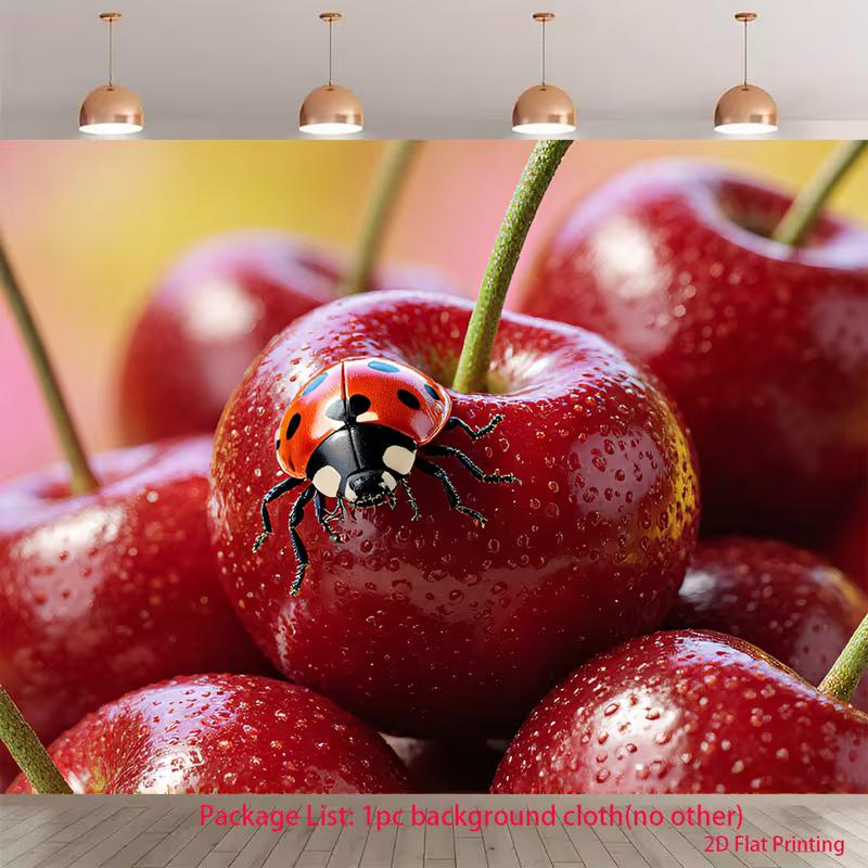 

2D Summer Cherry and Ladybug Backdrop, Nature Photo Cloth 47.2x31.5inch/120*80cm