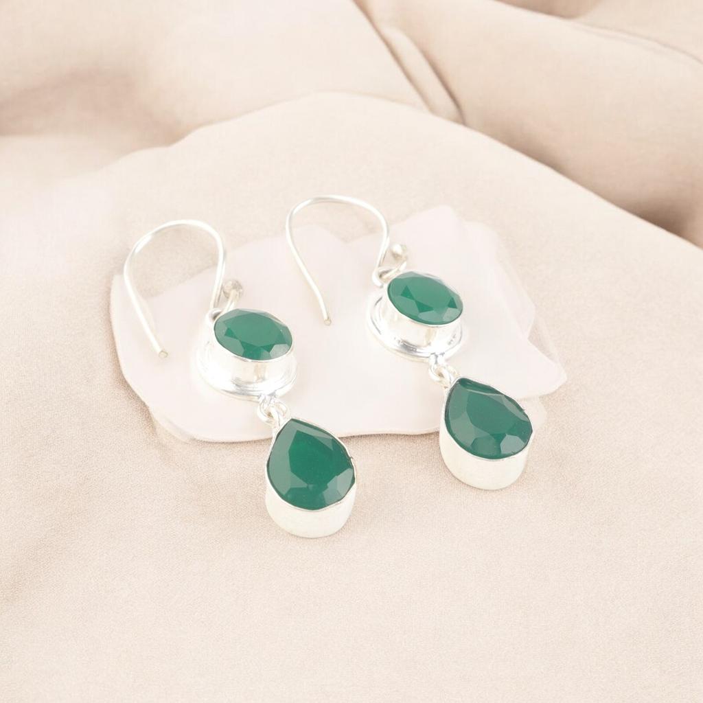 Green Onyx Gemstone 925 Sterling Silver Handmade Boho Jewelry Hook Earrings1.8" EE-142-16