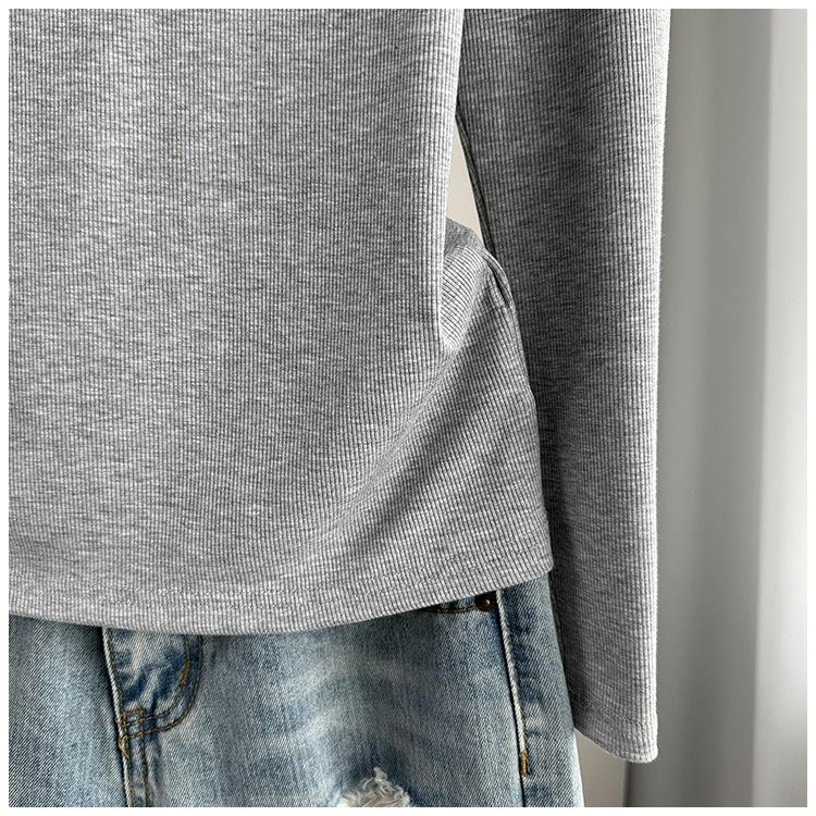Stylish Long Sleeve T-Shirt Ribbed Slim Standard Shoulder Top For Autumn Stretchy Slim Base Layer Soft Ribbed Fabric Good For Inner And Outer Wear Top