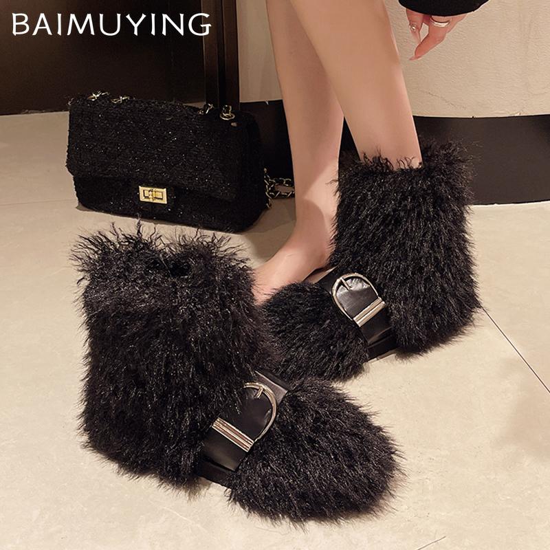 Pelzige flache Damen-Schnee-Stiefeletten Kurzer Plüsch Designer-Schnalle Baumwollschuhe Neue Marke 2025 Trend Warm Gemütlich Winter Botas De Mujer