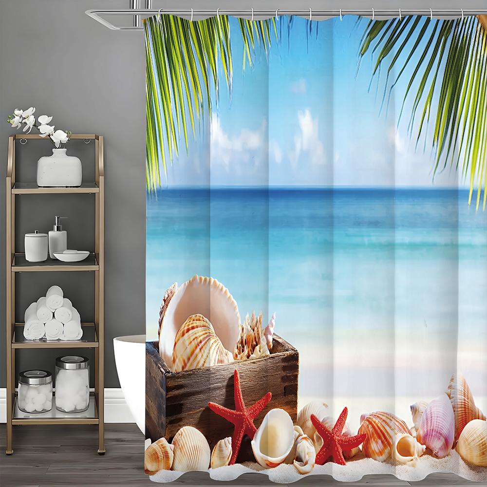 Ocean Coconut Tree Starfish Shell Crate Shower Curtain, Bathroom Decorative Shower Curtain, Waterproof Shower Curtain with Hooks