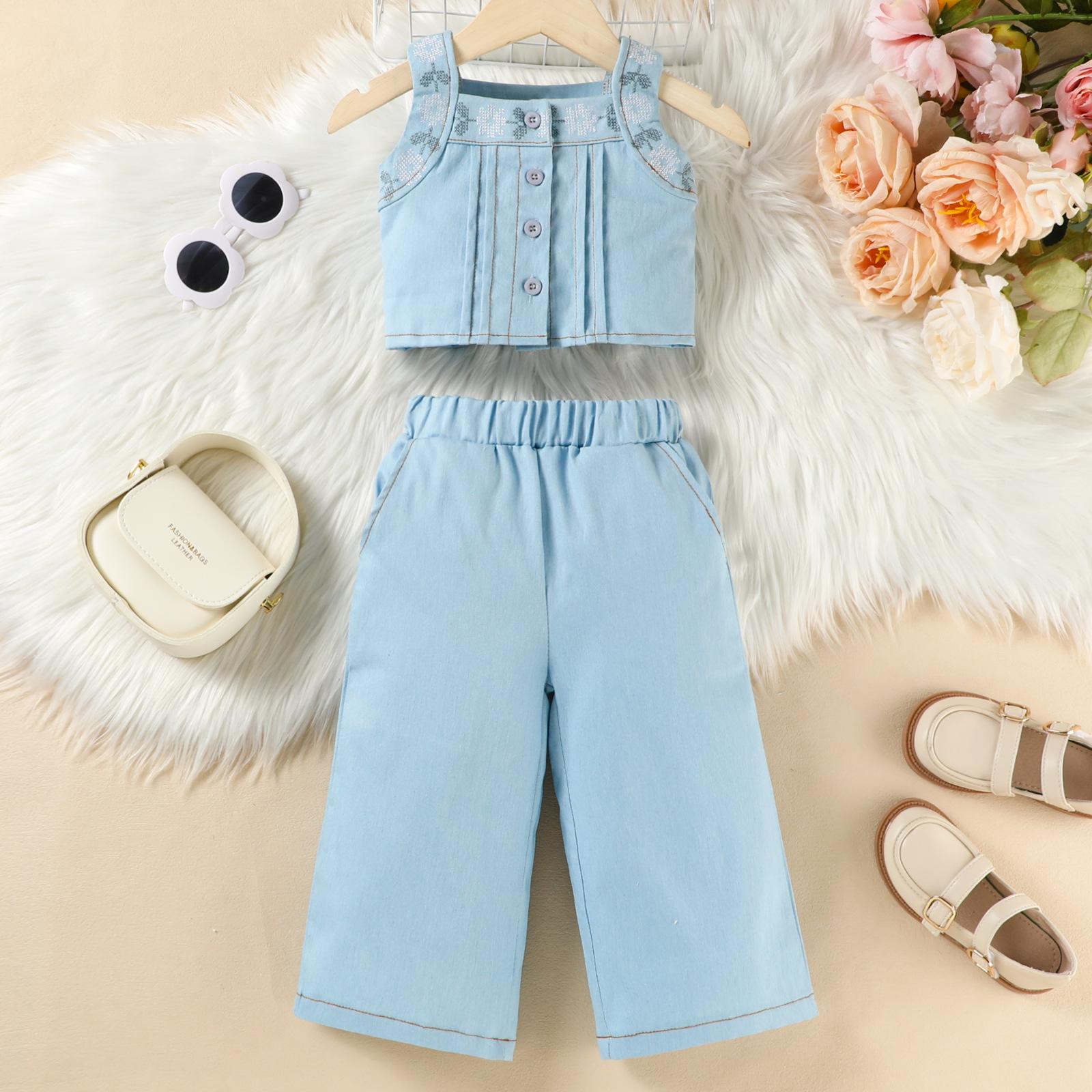 Children s Fashion Set: Summer Girls Sleeveless Embroidered Tank Top + Wide-Leg Jeans Set 100cm