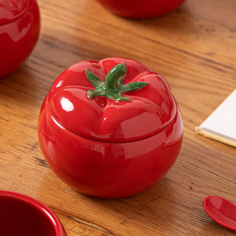 Tomato Ceramic Double Ear Soup Bowl with Lid for Home Use Instant Noodles Bowl Lychee Rice Noodles Special Utensils Student D...