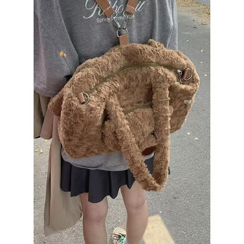 Barcelona Bear Tote Backpack Crossbody Bag Cartoon Plush Cute Tote Bag Girls Large Capacity Doll Bag