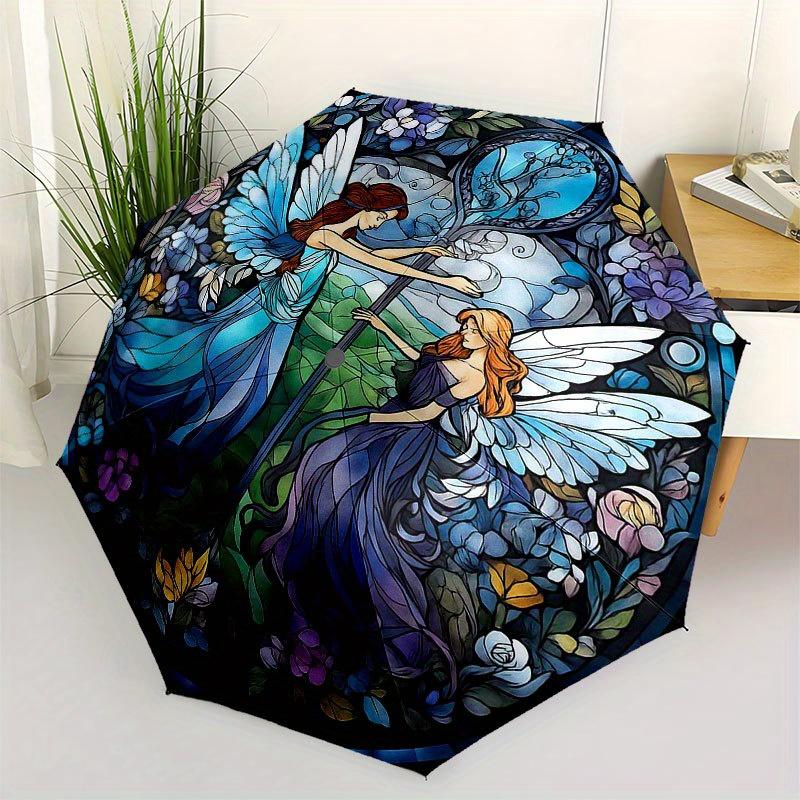 Stunning Fairy Garden Stained Cute Window Art Umbrella, Cute Umbrella with Cute Design, Portable 3-Fold Compact Umbrella for Men & Women, Valentine s