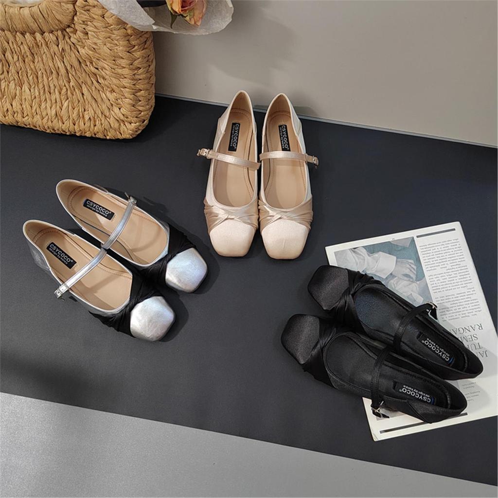 2025 autumn square head gentle temperament Mary Jane shoes one-word buckle bow French flat bottom shallow mouth single shoes