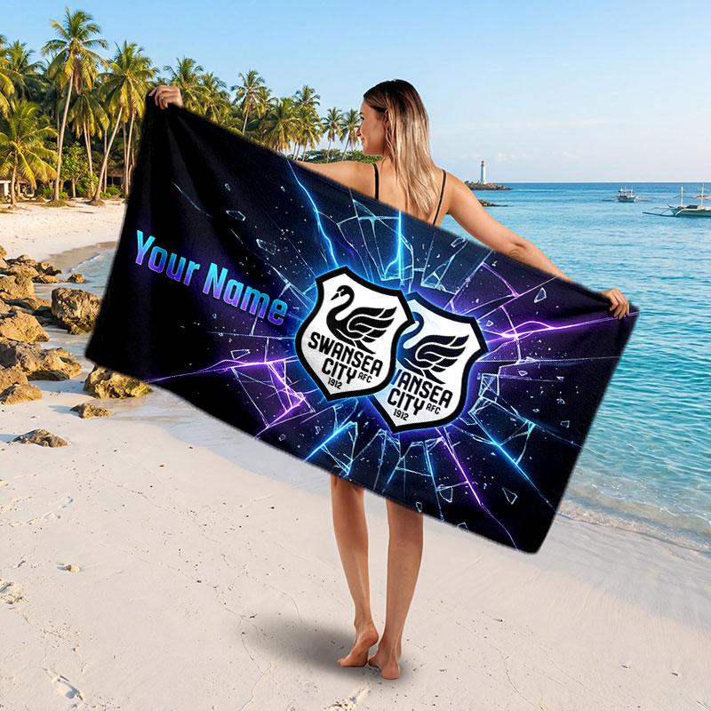 Swansea City FC Custom Beach Towel, Personalized Name Text Print, Football Logo Soft Quick‑Dry Towel Holiday Gift
