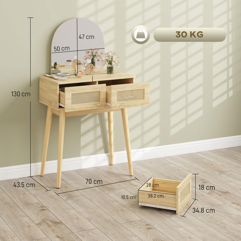 Dressing Table, Compact Vanity Desk with Mirror and 2 Drawers, Natural Wood Finish
