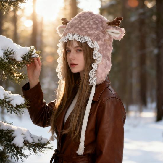Winter Hat with Cartoon Deer Ears Plush Lining Ear Protection Hat Thickened Warm Adjustable Fit Leg Warmers Winter Wear