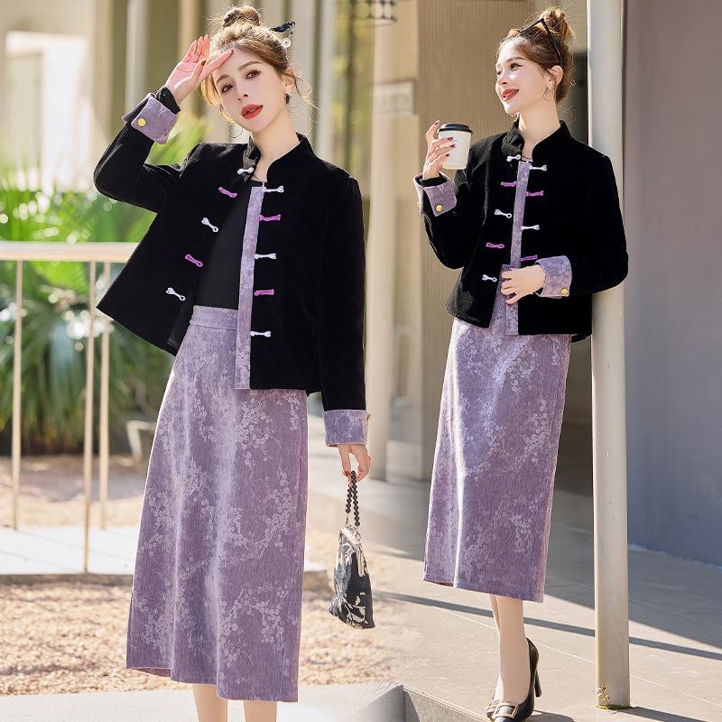 2025 Women's Slim Chinese-Style Jacket Skirt Two-Piece Suit for Spring & Autumn