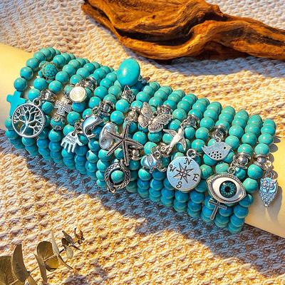 Bracciale Etnico Turchese Bohemien con Ciondoli Croce, Stella Marina e Tartaruga