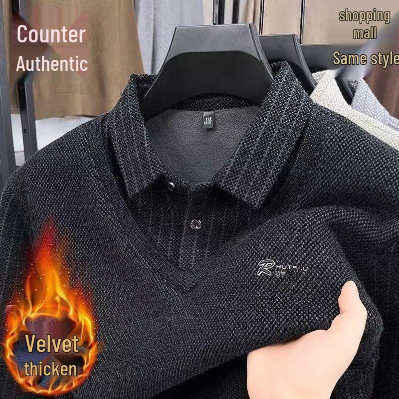 Woodpecker Men s Winter Lapel Faux Two-Piece Sweater with Fleece for Mid-Aged Dad - Thick Warm Base Layer Top. 185/3XL for 165-180 lbs