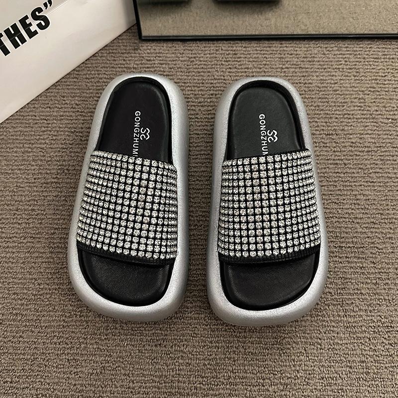 

Толстоподошвенные увеличивающие рост туфли-мюли женские летние стразы обувь на танкетке 2025 модные сандалии женская обувь 39 серебряный