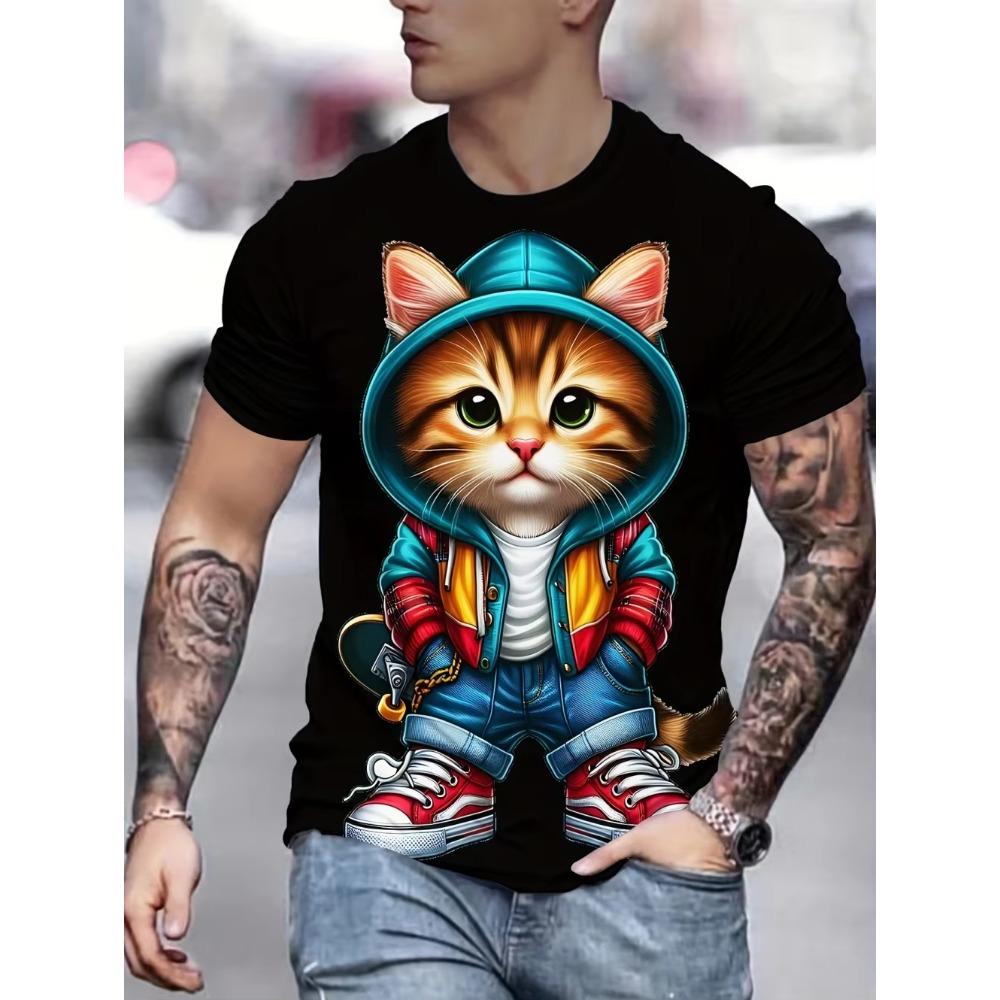 Summer Funny Men Cute Cat 3D Animal Printed Short Sleeves T-Shirt Round Neck T-Shirts Fashionable Comfortable Breathable Casual Top Men's T-shirt