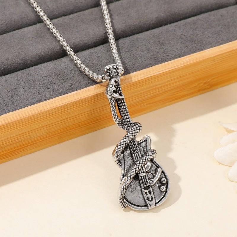 Vintage Gothic Guitar Snake Pendant Necklace Men’s Personalized Fashion Jewelry