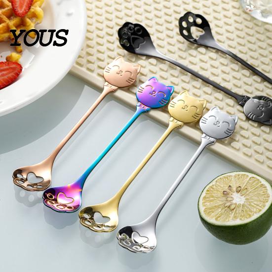 Cute Cat Paw Spoon Coffee Spoon, Stainless Steel Claw Teaspoon, Embossed Design Multi-Color Electroplated Stirring for Ice Cream Yogurt