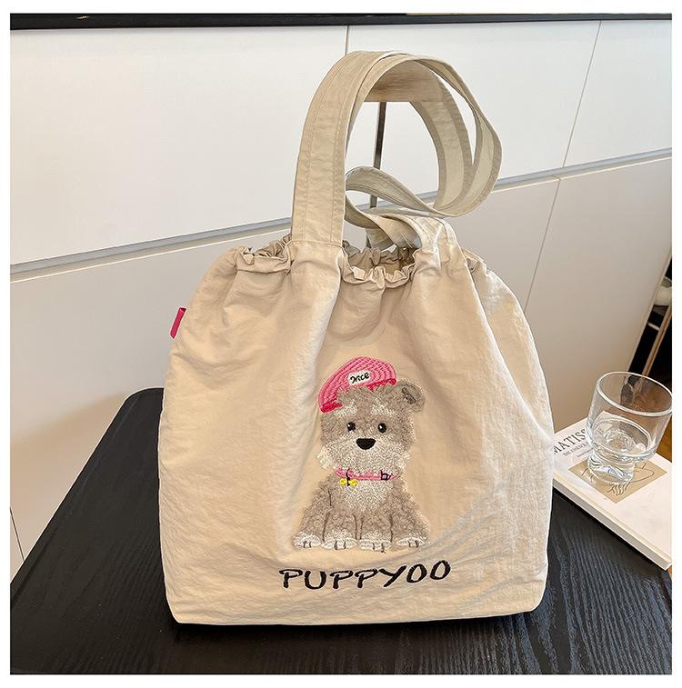 2025 Large Capacity Cute Cloth Bag Tote Bag Cartoon Embroidered Shoulder Bag Casual Drawstring Tote Bag
