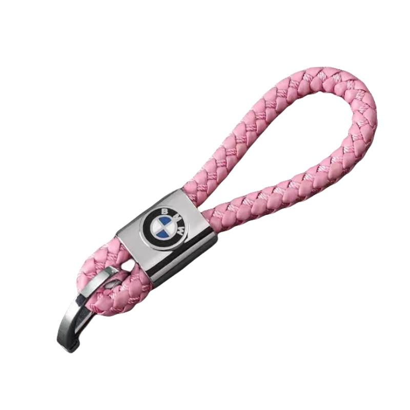 

Woven Car Leather Keychain Logo Metal Key Chain Holder Bag Decor Accessories розовый