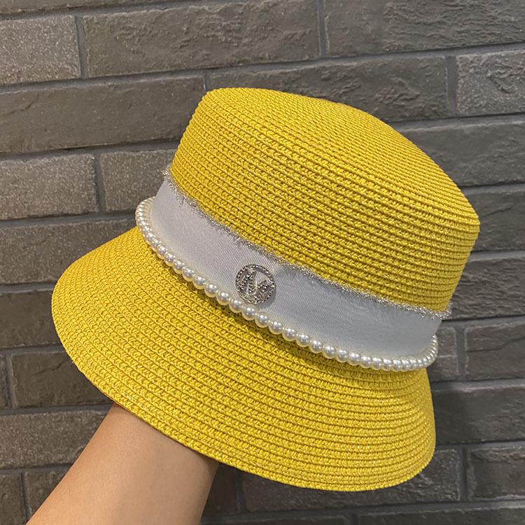 Pearl rhinestone M standard straw hat female summer seaside socialite hat face covering bucket hat sun protection beach hat