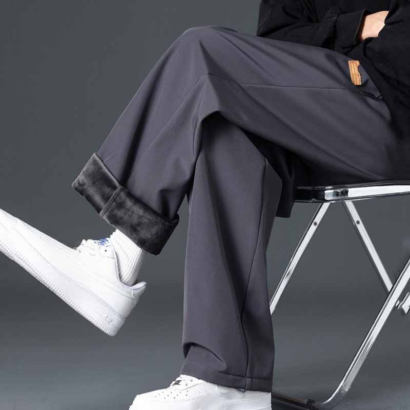 Men's Fleece-Lined Straight-Leg Pants Fleece-Lined Thickened One-Piece Fleece Sweatpants for Autumn and Winter Loose Sports Casual Long Pants