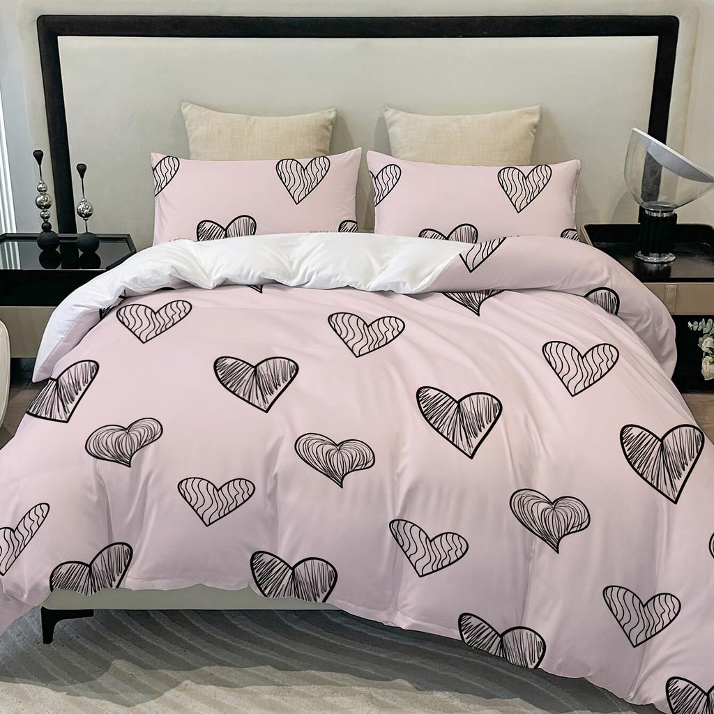 3 Pieces Bedding Set With Zipper Closure Red Heart Duvet Cover Queen Love Heart Pattern White Comforter Covers Set Cute Print