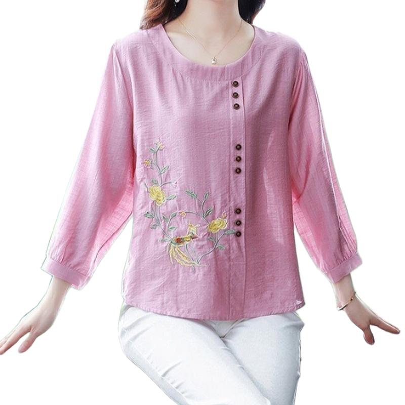Damen Herren Koreanischer Stil Retro Baumwollhemd Bestickt Knopf Einfarbig Locker Langarm Oberteil