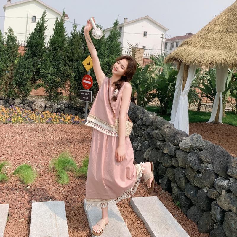 Pink Salt Sweet Wear with Fringed Sleeveless Vest Set Women's Summer New Fashion Skirt Two-piece Set